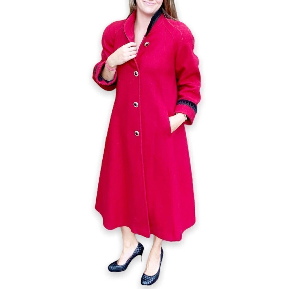 Vintage Alexis Reed Red Wool Long Coat Black Velvet Trim Buttons Womens Size M-L